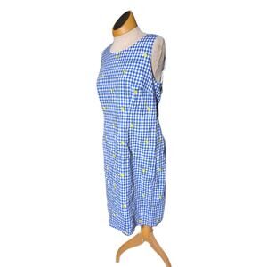 Talbots Blue Cotton Gingham Lemon Embroidered Knee Length Shift Dress Sz 6